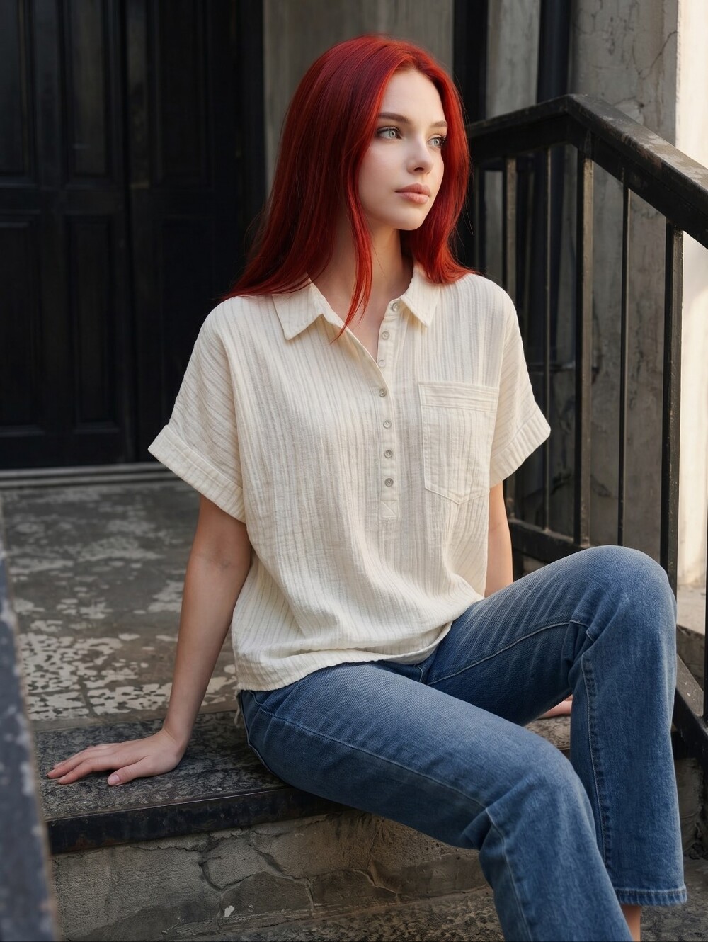 We The Free by Free People Oversized Gauze Henley Shirt Medium White Pinstripe